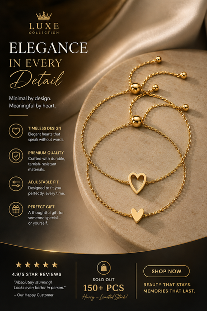 Elegant Heart Charm Adjustable Bracelet – Timeless Gold Love Bracelet.