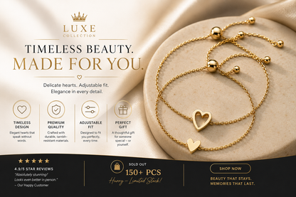 Elegant Heart Charm Adjustable Bracelet – Timeless Gold Love Bracelet.